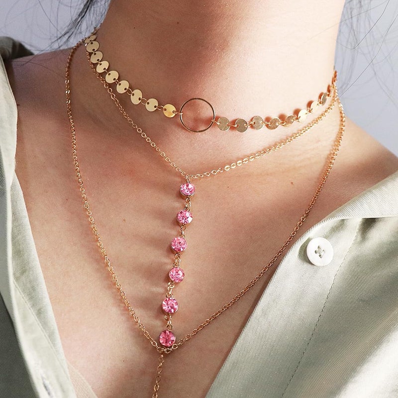 Suyi Stylish Layered Sequins Choker Necklace with Thin Long Chian Pendant for Women Lady - Image 2